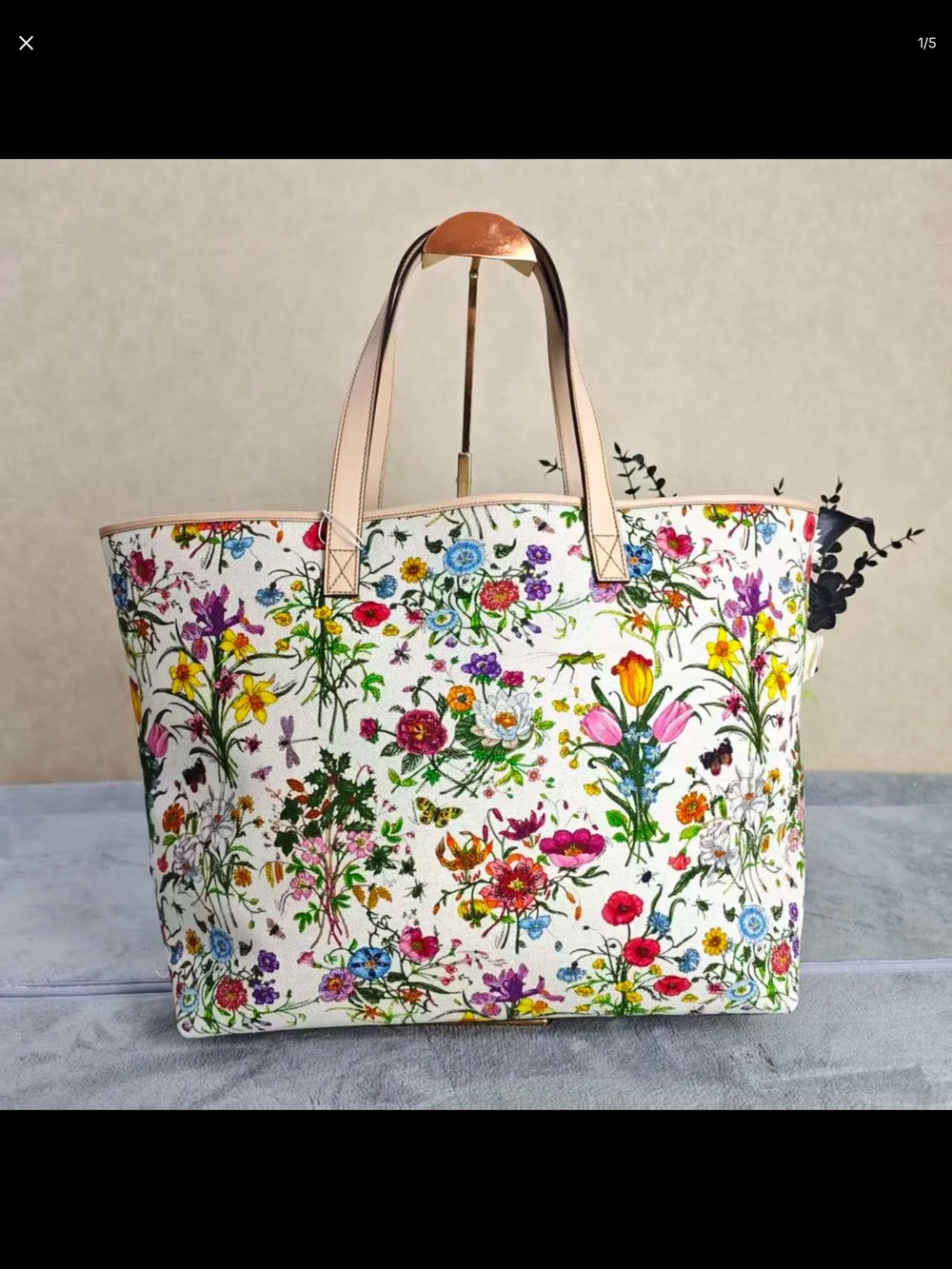 Gucci White Floral Canvas Tote with Pink Leather Handles - Picture 3 of 7